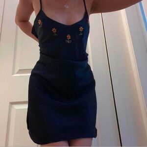 Vintage Black Slip Dress with Orange Floral Embroidery